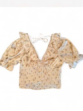 Free People Small Crop Short Sleeve V-Neck corset Ruffle Bow Cottage Coquette